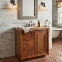 Rustic Reclaimed Vanity: Some lifestyle images are created with AI for visualization purposes. Crafted from natural solid wood, each piece is unique and will vary.