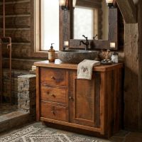Rustic Reclaimed Vanity: Some lifestyle images are created with AI for visualization purposes. Crafted from natural solid wood, each piece is unique and will vary.