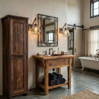 Barn Wood Vanity: Some lifestyle images are created with AI for visualization purposes. Crafted from natural solid wood, each piece is unique and will vary.