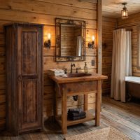 Barn Wood Vanity: Some lifestyle images are created with AI for visualization purposes. Crafted from natural solid wood, each piece is unique and will vary.