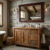Rustic Vanity: Some lifestyle images are created with AI for visualization purposes. Crafted from natural solid wood, each piece is unique and will vary.