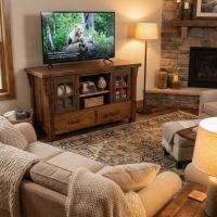 Barn Wood Entertainment Center: Some lifestyle images are created with AI for visualization purposes. Crafted from natural solid wood, each piece is unique and will vary.