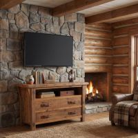 Barn Wood TV Stand: Some lifestyle images are created with AI for visualization purposes. Crafted from natural solid wood, each piece is unique and will vary.