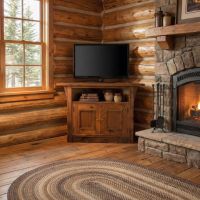 Barn Wood Corner TV Stand: Some lifestyle images are created with AI for visualization purposes. Crafted from natural solid wood, each piece is unique and will vary.