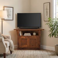 Barn Wood Corner TV Stand: Some lifestyle images are created with AI for visualization purposes. Crafted from natural solid wood, each piece is unique and will vary.