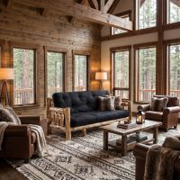 Log Futon: Some lifestyle images are created with AI for visualization purposes. Crafted from natural solid wood, each piece is unique and will vary.