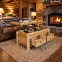Lift-Top Coffee Table: Some lifestyle images are created with AI for visualization purposes. Crafted from natural solid wood, each piece is unique and will vary.