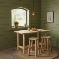 Rustic Cedar Log Bar Table: Some lifestyle images are created with AI for visualization purposes. Crafted from natural solid wood, each piece is unique and will vary.