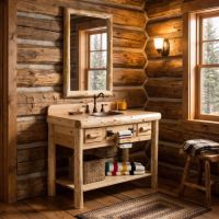 Rustic Vanity: Some lifestyle images are created with AI for visualization purposes. Crafted from natural solid wood, each piece is unique and will vary.