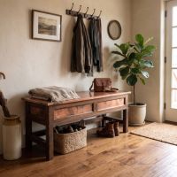 Storage Bench: Some lifestyle images are created with AI for visualization purposes. Crafted from natural solid wood, each piece is unique and will vary.