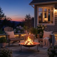 Copper Fire Pit: Some lifestyle images are created with AI for visualization purposes. Crafted from natural solid wood, each piece is unique and will vary.