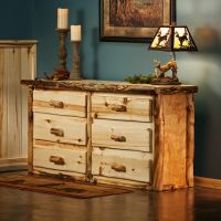 Beaver Creek Aspen 6 Drawer Log Dresser--Flat drawer fronts, Clear finish, Light aspen, Standard logs