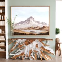 Aged-White Root Console Table Styled with Mountain Landscape Art: Some lifestyle images are created with AI for visualization purposes. Crafted from natural solid wood, each piece is unique and will vary.