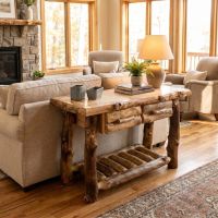 Aspen Sofa Table: Some lifestyle images are created with AI for visualization purposes. Crafted from natural solid wood, each piece is unique and will vary.