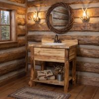 Bathroom Vanity: Some lifestyle images are created with AI for visualization purposes. Crafted from natural solid wood, each piece is unique and will vary.