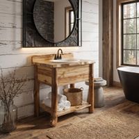 Aspen Vanity: Some lifestyle images are created with AI for visualization purposes. Crafted from natural solid wood, each piece is unique and will vary.