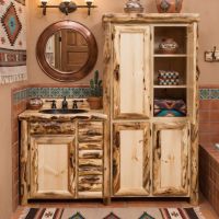 Handcrafted Log Vanity: Some lifestyle images are created with AI for visualization purposes. Crafted from natural solid wood, each piece is unique and will vary.