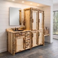 Aspen Log Vanity: Some lifestyle images are created with AI for visualization purposes. Crafted from natural solid wood, each piece is unique and will vary.