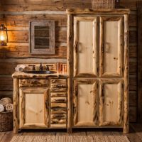 Lodge Bathroom Design: Some lifestyle images are created with AI for visualization purposes. Crafted from natural solid wood, each piece is unique and will vary.
