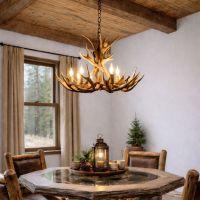 Rustic Chandelier: Some lifestyle images are created with AI for visualization purposes. Crafted from natural solid wood, each piece is unique and will vary.