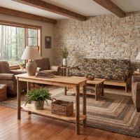 Hickory Sofa Table: Some lifestyle images are created with AI for visualization purposes. Crafted from natural solid wood, each piece is unique and will vary.