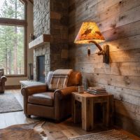 Rustic Hickory Wall Sconce: Some lifestyle images are created with AI for visualization purposes. Crafted from natural solid wood, each piece is unique and will vary.