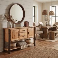 Hickory Sideboard: Some lifestyle images are created with AI for visualization purposes. Crafted from natural solid wood, each piece is unique and will vary.