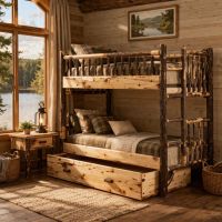 Rustic Hickory Bunk Bed: Some lifestyle images are created with AI for visualization purposes. Crafted from natural solid wood, each piece is unique and will vary.