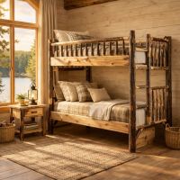 Rustic Bunk Bed: Some lifestyle images are created with AI for visualization purposes. Crafted from natural solid wood, each piece is unique and will vary.