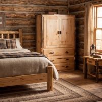 Log Armoire: Some lifestyle images are created with AI for visualization purposes. Crafted from natural solid wood, each piece is unique and will vary.