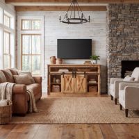 Hickory Log Entertainment Center: Some lifestyle images are created with AI for visualization purposes. Crafted from natural solid wood, each piece is unique and will vary.