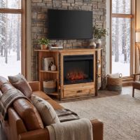 Hickory TV Stand with Fireplace: Some lifestyle images are created with AI for visualization purposes. Crafted from natural solid wood, each piece is unique and will vary.