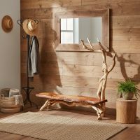 Slab Wood Bench: Some lifestyle images are created with AI for visualization purposes. Crafted from natural solid wood, each piece is unique and will vary.