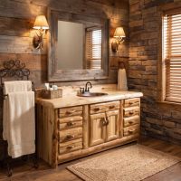 Rustic Log Vanity: Some lifestyle images are created with AI for visualization purposes. Crafted from natural solid wood, each piece is unique and will vary.