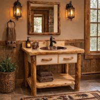 Rustic Log Vanity: Some lifestyle images are created with AI for visualization purposes. Crafted from natural solid wood, each piece is unique and will vary.