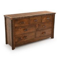 River Rustic Barnwood and Hickory 7 Drawer Dresser, Shown in Antique Barnwood Finish with Hickory Log Handles.