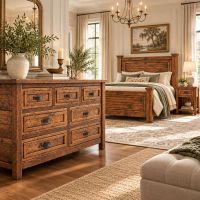 Country Bedroom Furniture: Some lifestyle images are created with AI for visualization purposes. Crafted from natural solid wood, each piece is unique and will vary.