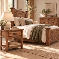 Rustic Nightstand with Shelf: Some lifestyle images are created with AI for visualization purposes. Crafted from natural solid wood, each piece is unique and will vary.