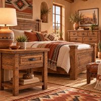 Rustic Bedside Table: Some lifestyle images are created with AI for visualization purposes. Crafted from natural solid wood, each piece is unique and will vary.