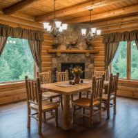 Rustic Log Dining Table: Some lifestyle images are created with AI for visualization purposes. Crafted from natural solid wood, each piece is unique and will vary.
