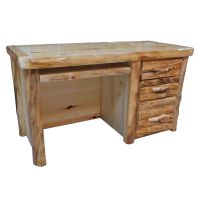 Beartooth Aspen Log Executive Desk - Half Log Fronts - Natural Panel & Natural Logs - Liquid Glass Top Finish - Standard Drawer Bank Style - Drawers on Right - Keyboard Tray