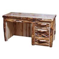 Beartooth Aspen Log Executive Desk - Half Log Fronts - Wild Panel & Gnarly Logs - Liquid Glass Top Finish - Standard Drawer Bank Style - Drawers on Right - Pencil Drawer