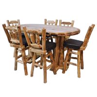 Beartooth Aspen Oval Log Pub Tables - 72"L x 42"W x 42"H (Bar Height) - Wild Panel & Gnarly Log - Liquid Glass Table Top Finish - Foot Rest