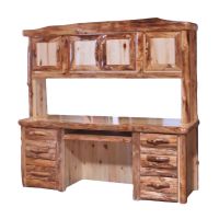 Beartooth Aspen Sierra Log Desk & Matching Hutch - Half Log Fronts - Natural Panel & Natural Log - Liquid Glass Top Finish - Standard Left & Right Drawers - Keyboard Tray