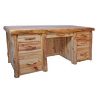 Beartooth Aspen Sierra Log Desk - Flat Fronts - Wild Panel & Natural Log - Liquid Glass Top Finish - Standard Left & Right Drawers - Pencil Drawer