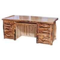 Beartooth Aspen Sierra Log Executive Desk - Half Log Fronts - Wild Panel & Gnarly Log - Liquid Glass Top Finish - Standard Left & Right Drawers - Keyboard Tray