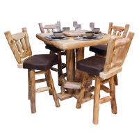 Beartooth Aspen Square Log Pub Table - 42" Square x 42"H (Bar Height) - Natural Panel & Natural Log - Liquid Glass Table Top Finish - Foot Rest