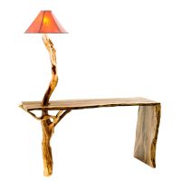 Twisted Trails Black Walnut & Juniper Log Sofa Table (pictured w/ a Manzanita branch which has been replaced with twisted Juniper) & Lamp