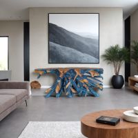 Aged-Blue Root Console Table in Contemporary Living Room Interior: Some lifestyle images are created with AI for visualization purposes. Crafted from natural solid wood, each piece is unique and will vary.