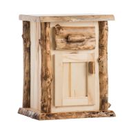 Boulder Mountain Enclosed Aspen Log Nightstand--Half log drawer, Clear finish, Left hinge, Standard logs, Light aspen